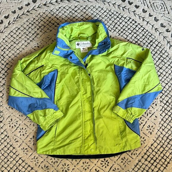 Vintage Columbia Youth Nylon Windbreaker Rain Jacket Hooded 14/16 Green Blue